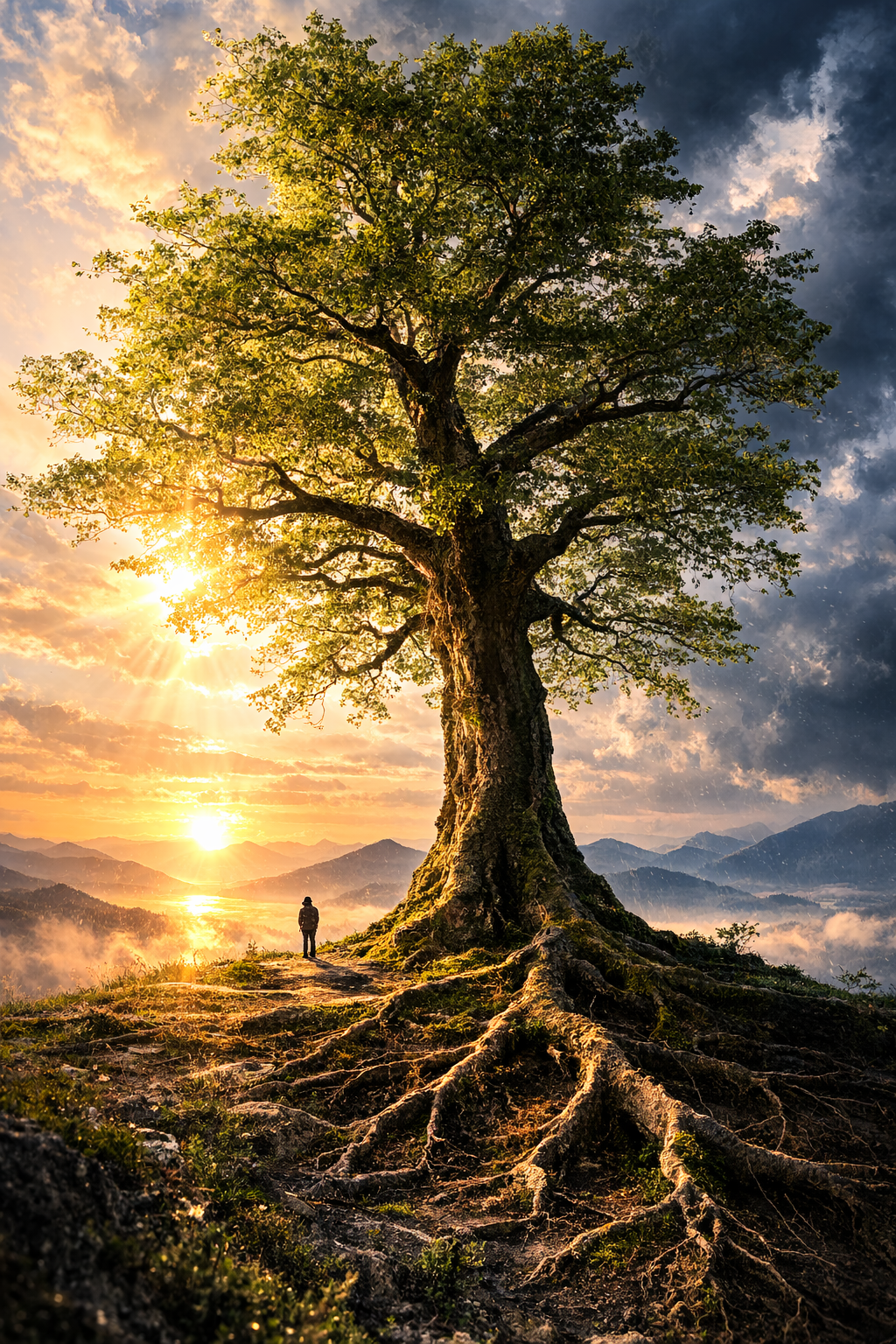 夜明けの大樹のもとに立つ人物