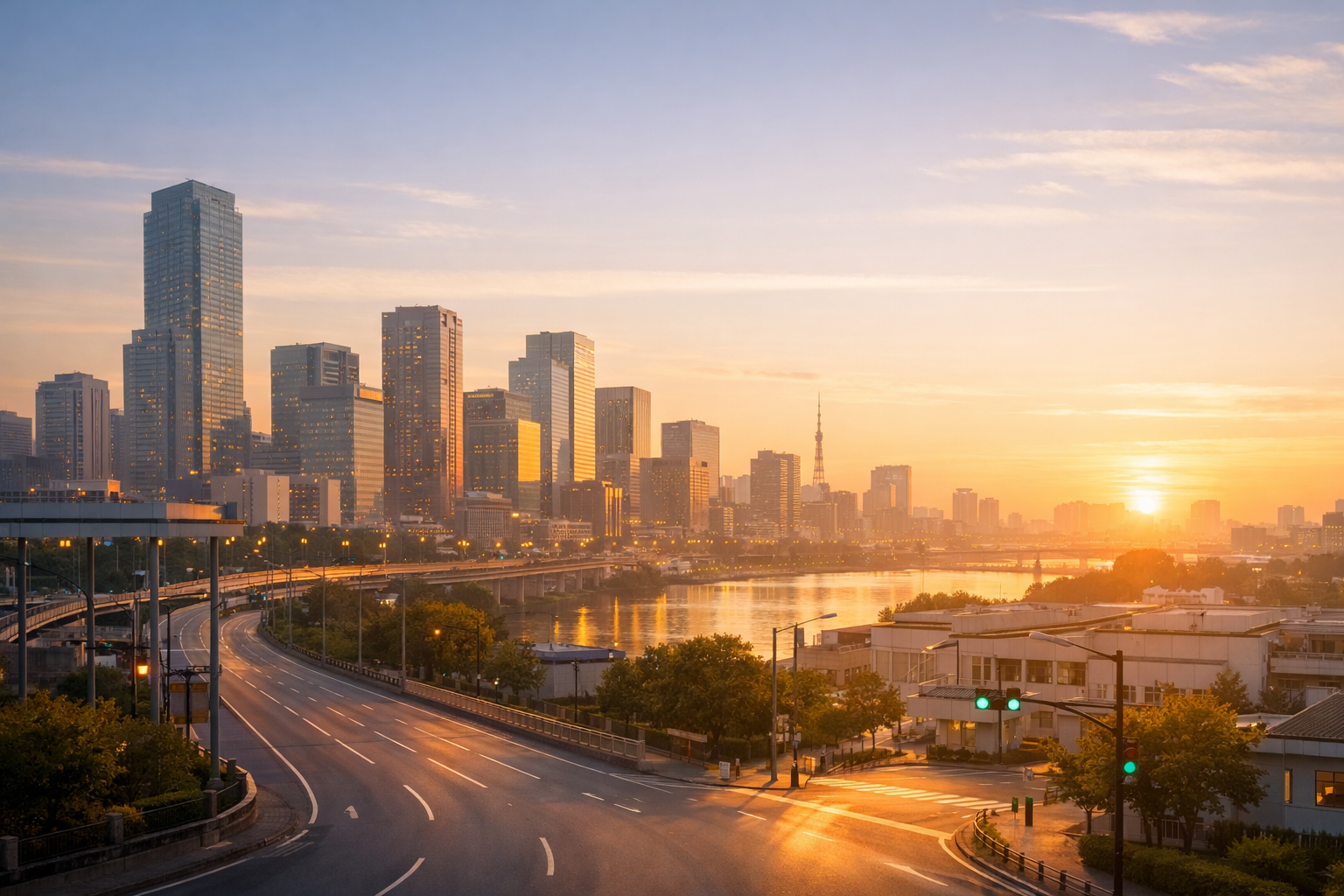 朝日に照らされる都市